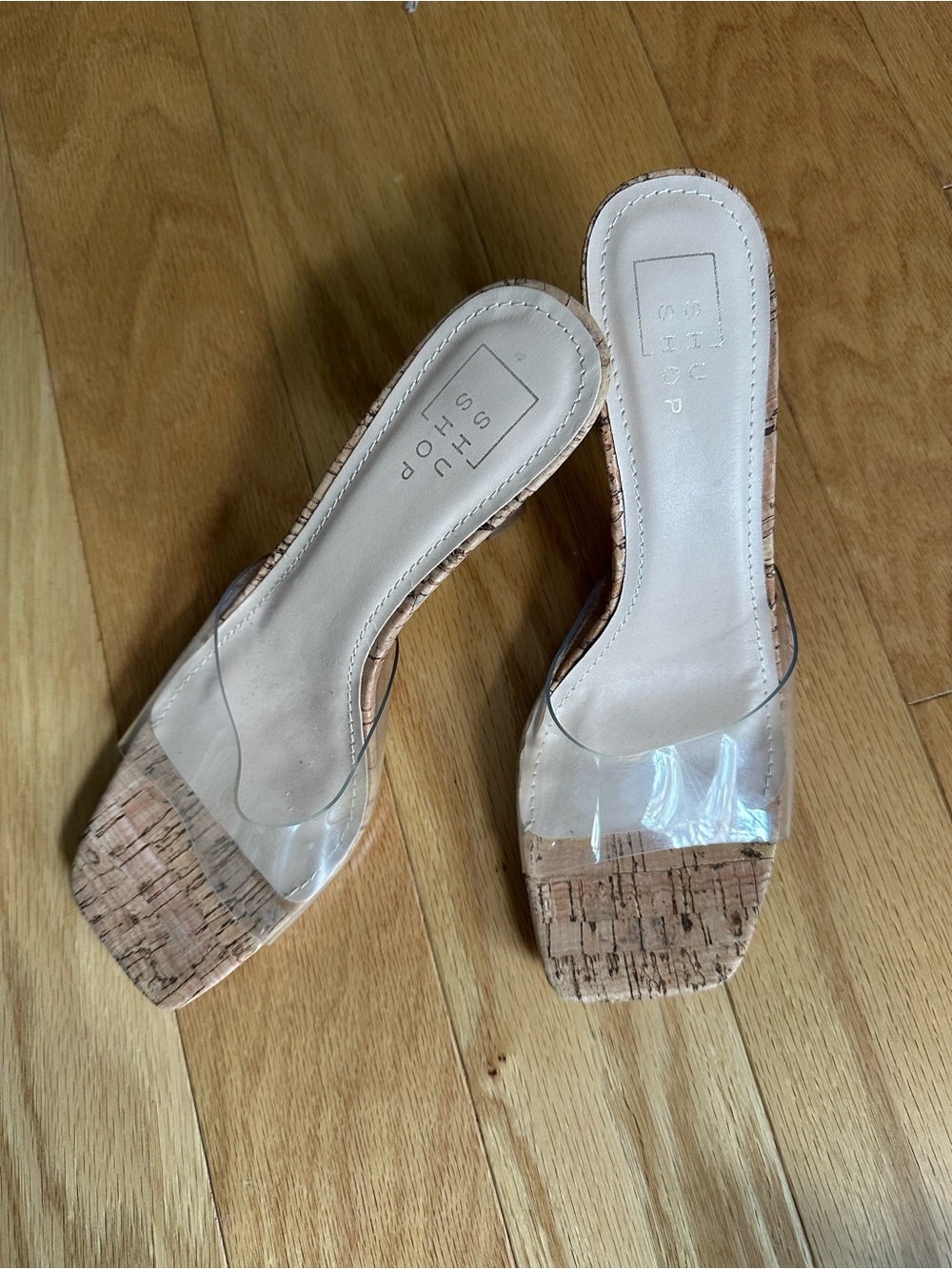 ShuShop Jolene Clear Vinyl Cork Stiletto Heels Size 7 NEW